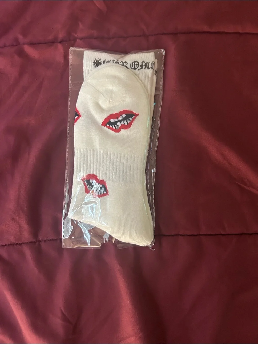 White Men’s Crew Socks with Red Lip Print